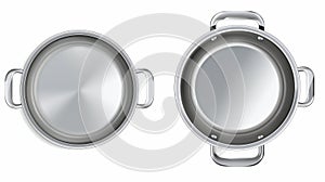 A modern realistic mockup of empty steel pot, cooking pan, with lid open and closed. A stainless casserole with handles