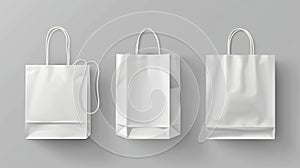 Modern realistic mockup of a plain paper shopping bag with handles isolated on a gray background. This is a template for