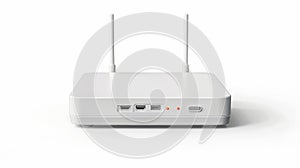 Modern realistic mockup of a WiFi router and wireless broadband modem isolated on a white background, with antennas in