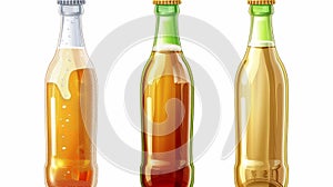 Modern realistic set of drinks in bottles of clear, brown and green glass with metal caps isolated on white.