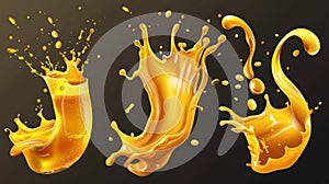 Modern realistic set of liquid waves of falling and flowing beer, orange, mango, lemon juice, oil, soda, honey, or juice