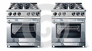 This modern realistic set of metal kitchen cookers shows a gas stove and an induction cooking panel with electric ovens