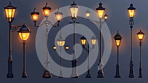 Modern realistic set of old electric street lights, retro iron lamposts with sphere shades for road sidewalk, city and