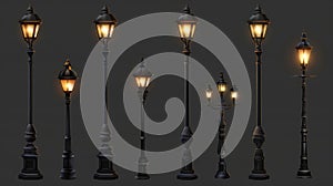 Modern realistic set of old electric street lights, retro iron lamposts with sphere shades for road sidewalks, city and