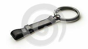 The modern realistic template of a black keychain with a metal ring is isolated on a white background. This is for use