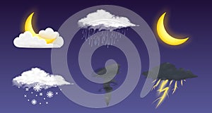 Modern Realistic weather icons set. Meteorology symbols on transparent background. Color Vector illustration for mobile