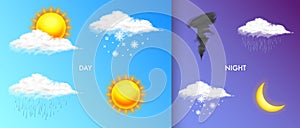 Modern Realistic weather icons set. Meteorology symbols on transparent background. Color Vector illustration for mobile