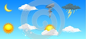 Modern Realistic weather icons set. Meteorology symbols on transparent background. Color Vector illustration for mobile