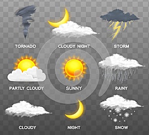 Modern Realistic weather icons set. Meteorology symbols on transparent background. Color Vector illustration for mobile