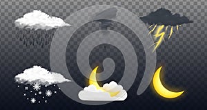 Modern Realistic weather icons set. Meteorology symbols on transparent background. Color Vector illustration for mobile