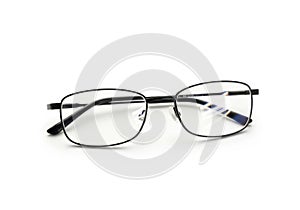 Modern rectangular eyeglasses with thin metal frames isolated on white background