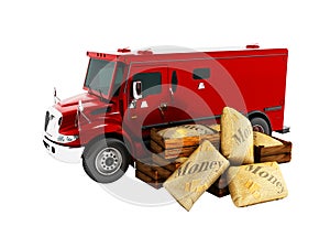 Modern red armored truck for carrying money in bags 3d render on white background no shadow