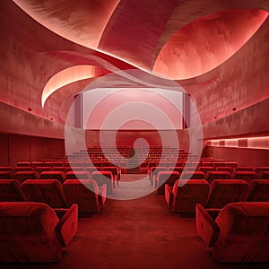 Modern red auditorium interior with comfortable seating under soft lighting. elegant design for events, presentations