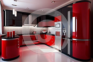 Modern red and black kitchen with plants. Real estate. Real estate agent. Interior decorator. Home staging.