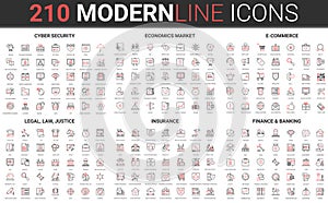 180 modern red black thin line icons set of legal, law and justice, insurance, banking finance, cyber security