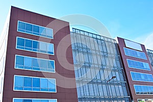 Modern red building with glass windows