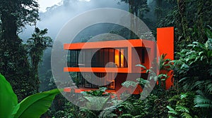 Modern red cabin in lush rainforest