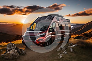 Modern red camper house on wheels in the mountains at sunset, summer travel concept