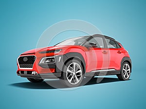 Modern red car crossover in front 3d render on blue background w