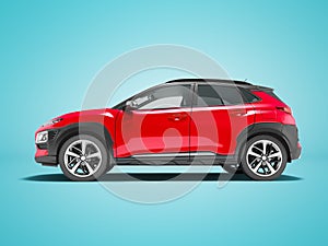 Modern red car crossover side view 3d render on blue background