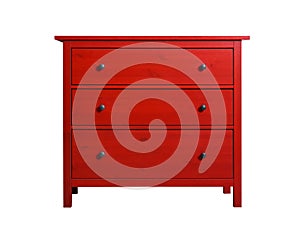 Modern red chest of drawers on white. Furniture for wardrobe room