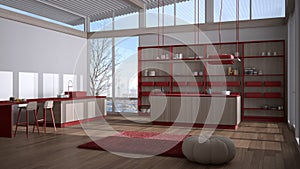 Modern red colored wooden kitchen with island, stools, carpet and accessories, parquet, corrugated sheet roof, panoramic windows
