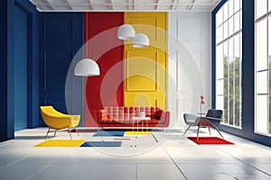 Modern red couch, chair and white lamps in a colorful apartment with cobalt, yellow, red walls. Bright sunlight, large windows.