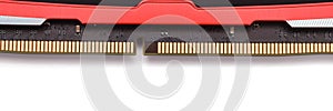 Modern red DDR RAM memory module connector isolated with clipping path