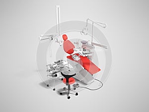 Modern red dental chair and bedside table with tools and appliances for dentistry perspective 3d render on gray background with s