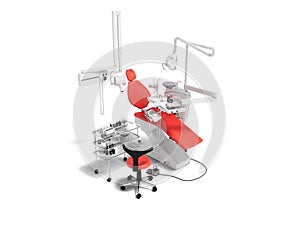 Modern red dental chair and bedside table with tools and appliances for dentistry perspective 3d render on white background with