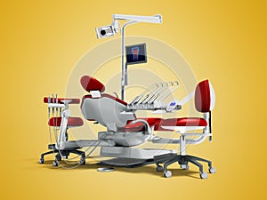 Modern red dental chair and borax with light and monitor for work for 3d rendering on orange background with shadow