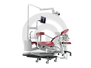 Modern red dental chair with borax with lighting and monitor for work 3d render on white background no shadow