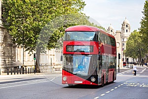 Modern red double decker bus, London