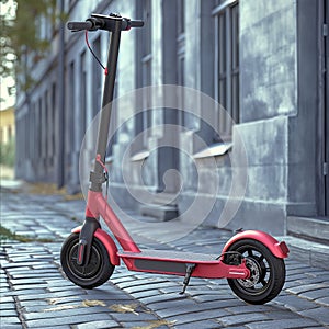 Red electric scooter parked on cobblestone street photo
