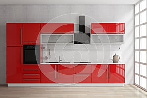 Modern Red Kitchen Furniture with Kitchenware Near Window. 3d Re