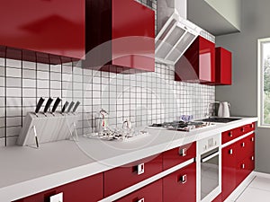 Modern red kitchen interior 3d