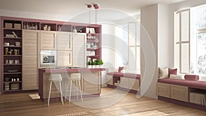 Modern red kitchen with wooden details in contemporary luxury apartment with parquet floor, vintage retro interior design,