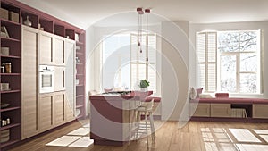 Modern red kitchen with wooden details in contemporary luxury apartment with parquet floor, vintage retro interior design,