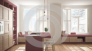 Modern red kitchen with wooden details in contemporary luxury apartment with parquet floor, vintage retro interior design,