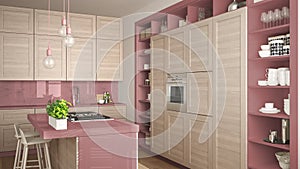 Modern red kitchen with wooden details in contemporary luxury apartment with parquet floor, vintage retro interior design,