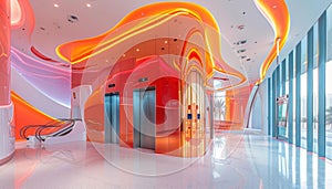 Modern red lobby interior with elevators and escalators