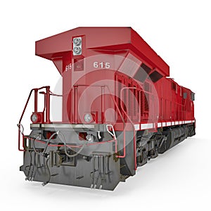 Modern red locomotive on white. Rear view. 3D illustration, clipping path
