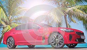Modern red luxury car with palm trees in the background