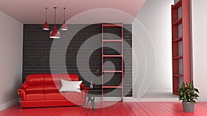 Modern red room interior, Living room with red sofa and red floor of black brick wall 3d render