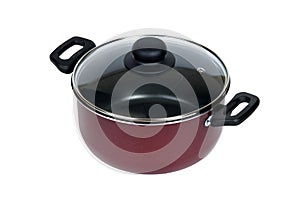 Modern red saucepan on a white