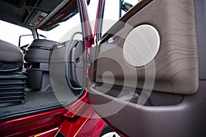 Modern red semi truck brown interior gorgeous place to work