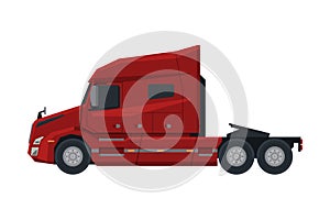 Modern Red Semi Truck, Cargo Delivery Vehicle, Side View Flat Vector Illustration on White Background