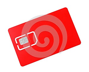 Modern red SIM card isolated on white, top view