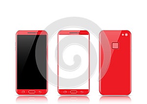 Modern red touchscreen cellphone tablet smartphone isolated on light background. Phone front and back side isolated. Vector