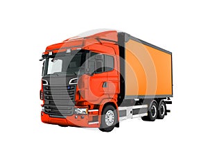 Modern red truck with an orange trailer for transportation of go